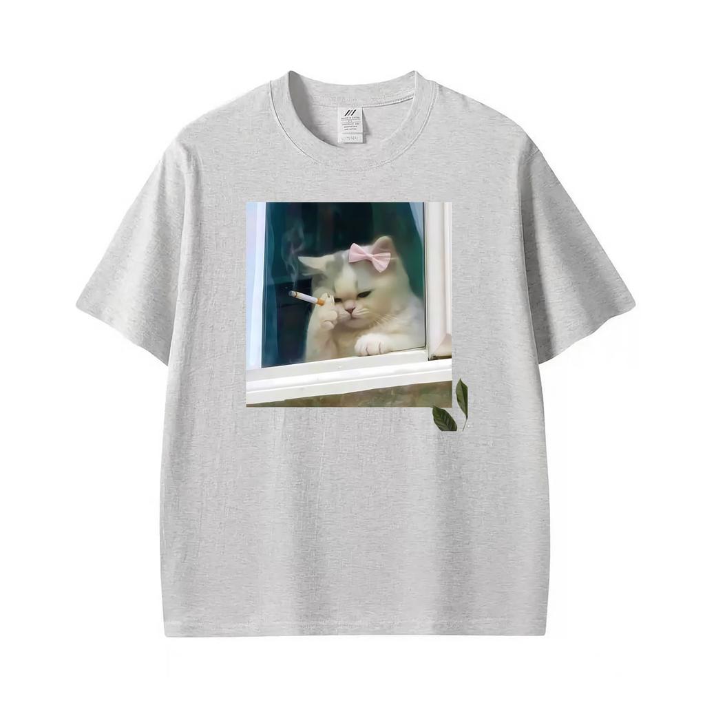 Funny Ironic Stressed Cat Meme Coquette Persian Smoking Humor Tshirt Unisex Unisex Fashion Short Sleeve High Quality Cotton T Shirt