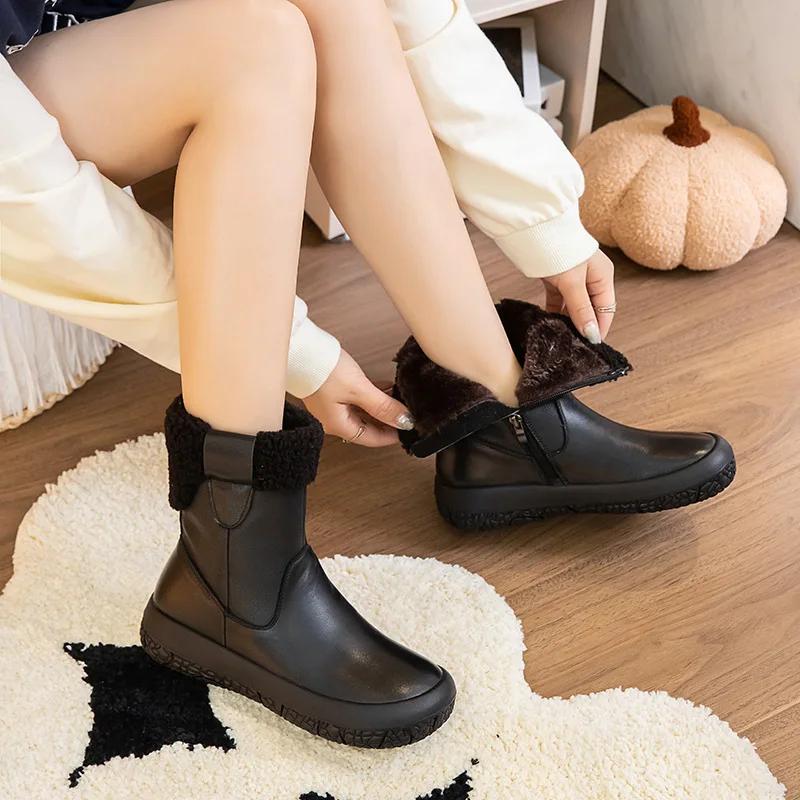 Top Layer Cow Leather Winter Short Boots Soft Bottom 2025 Autumn/Winter Genuine Leather Vintage Warm Cotton Boots Fleece-Lined