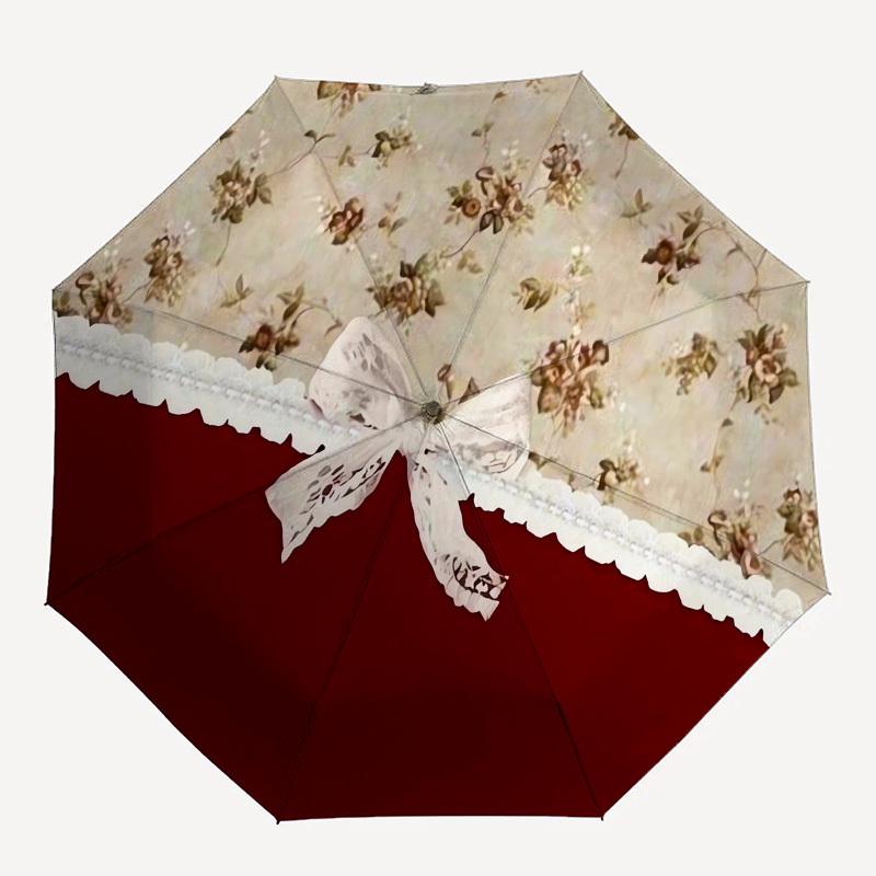 1pc Vintage Floral Lace Trim Bow Umbrella with Plastic Handle,Suitable for All Seasons UmbrellaPT582