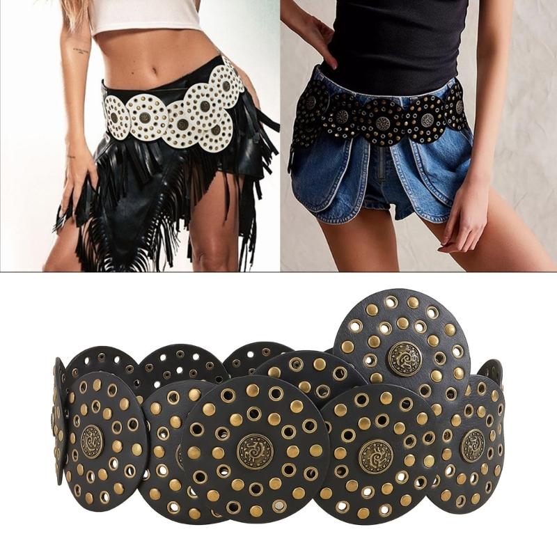 Western Adult Waist Belt with Adjustable Buckle Unique Metal Rivets Waistband PU Waist Belt for Rock Fan Wear Resistant