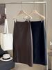 Women's Coffee PU Leather Mid-Length High-Waisted A-Line Pencil Skirt with Slit