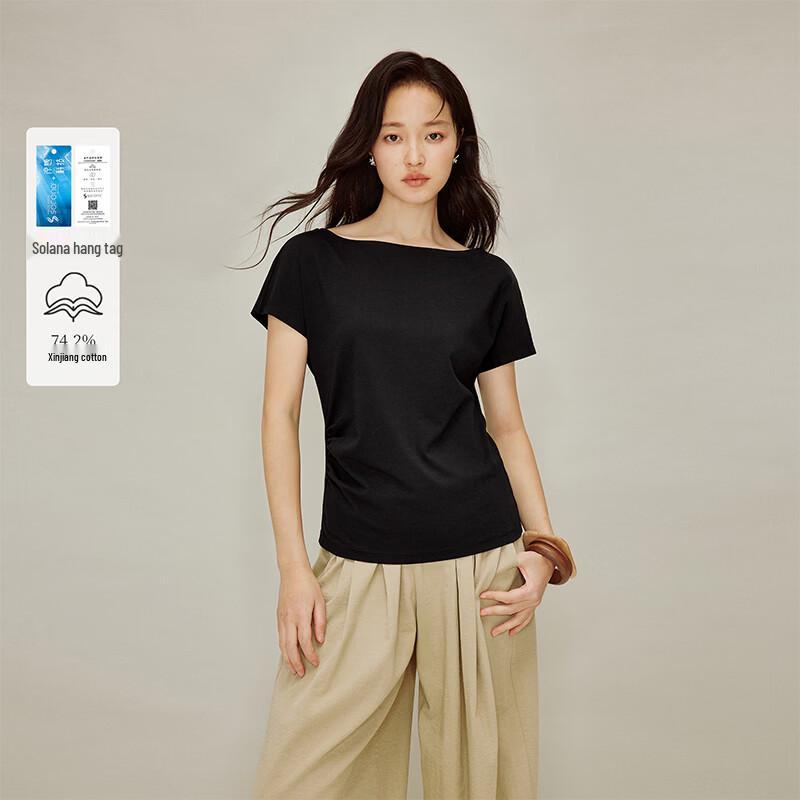 INMAN Women s French Style Off-Shoulder Pleated Waist T-Shirt M