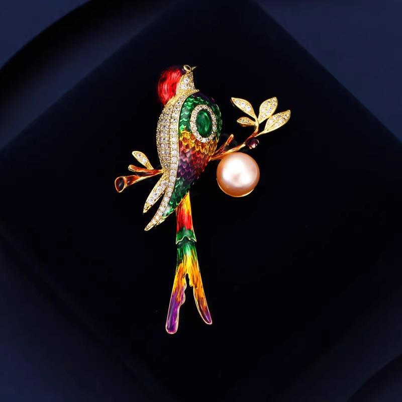 Elegant Chinese Style Colorful Magpie Pearl Brooch - Unique Women's Niche Design Pin Accessory