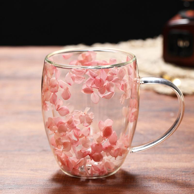 Dried Flower High Borosilicate Double Wall Glass Mug Heat Resistant Coffee Cup