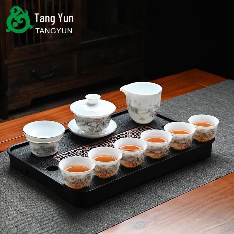 HANDUNYOU 10-Piece White Ice-Seed Landscape Ceramic Gaiwan Tea Set