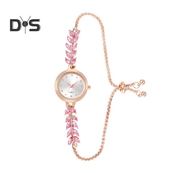 

Женские часы со стразами и браслетом, регулируемый ремешок из искусственного жемчуга, круглый циферблат, женские повседневные наручные часы для торжественного платья, кварцевые модные ювелирные изделия, аксессуар розовый