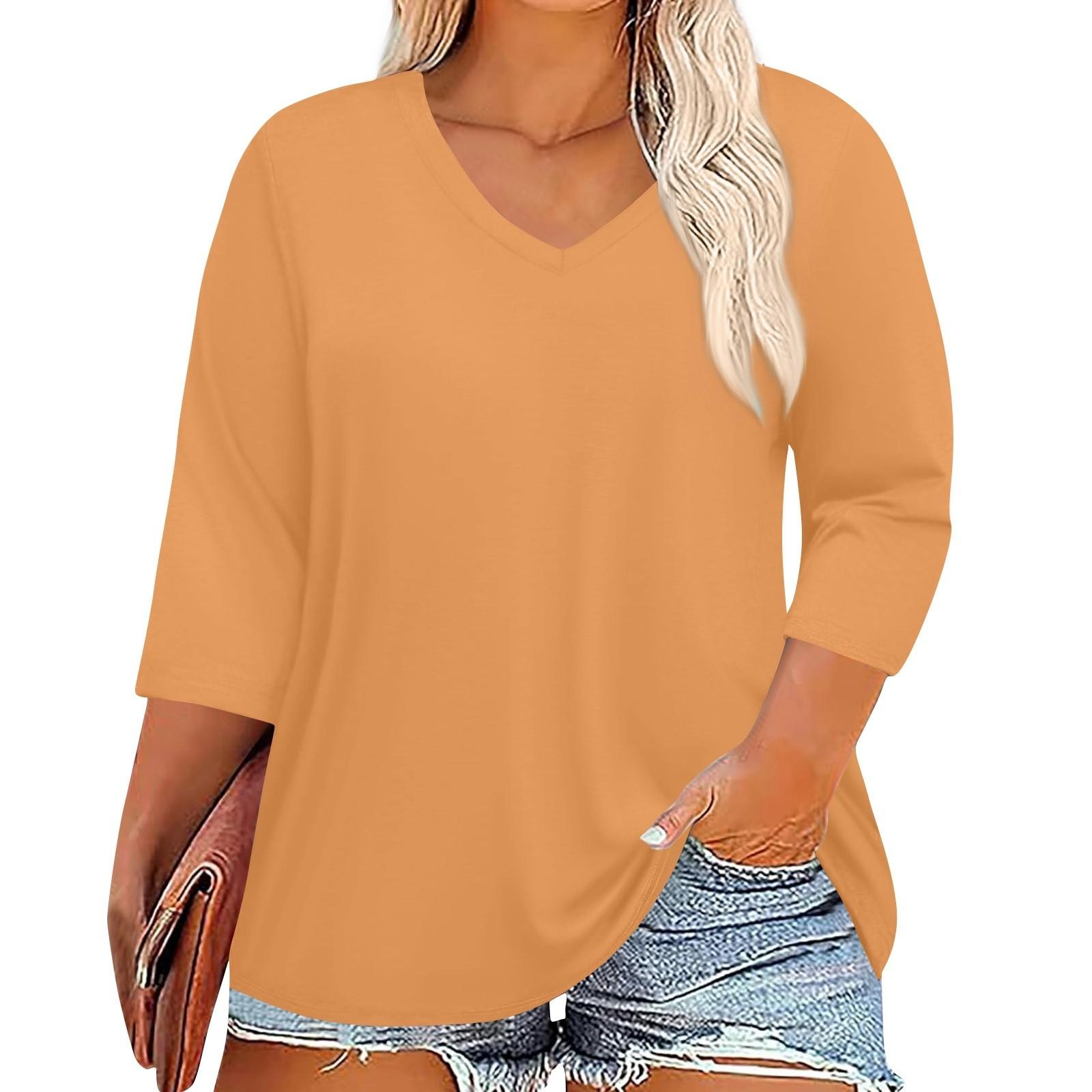 

Женская модель больших размеров с V-образным вырезом и рукавом 3/4, однотонный топ XXXL оранжевый