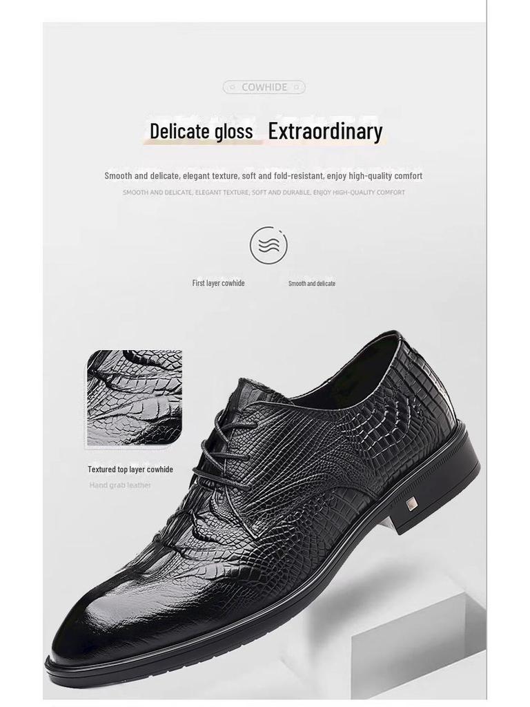 Men's Genuine Cowhide Leather Shoes - British Style, Crocodile Pattern, Pointed, Formal Business Shoes, Brown.