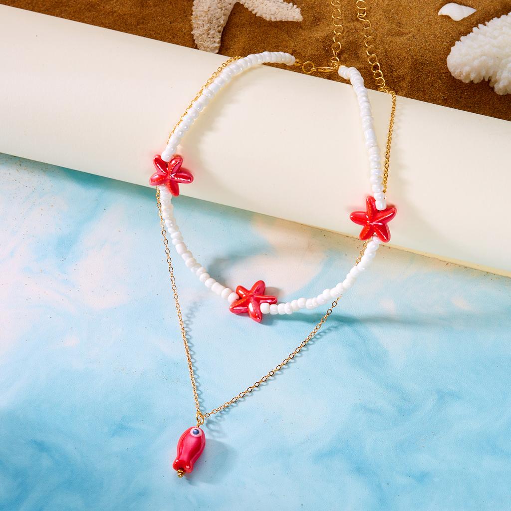 Boho Ceramic Small Fish Starfish Pendant Necklace for Women Vintage Double Layer Rice Beads Beaded Metal Chain Choker Jewelry