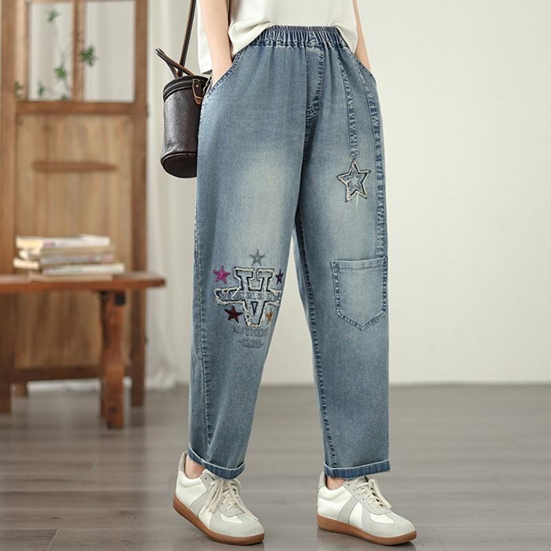 Taglie forti Vintage ricamo vita alta casual larghi Donna Primavera estate autunno jeans denim Pantaloni Harem