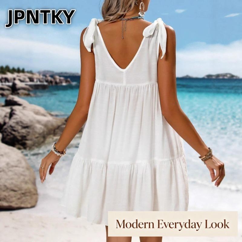 JPNTKY Women's Fashion Summer Spring Solid Color Print Sleeveless U-Neck Casual Dresses