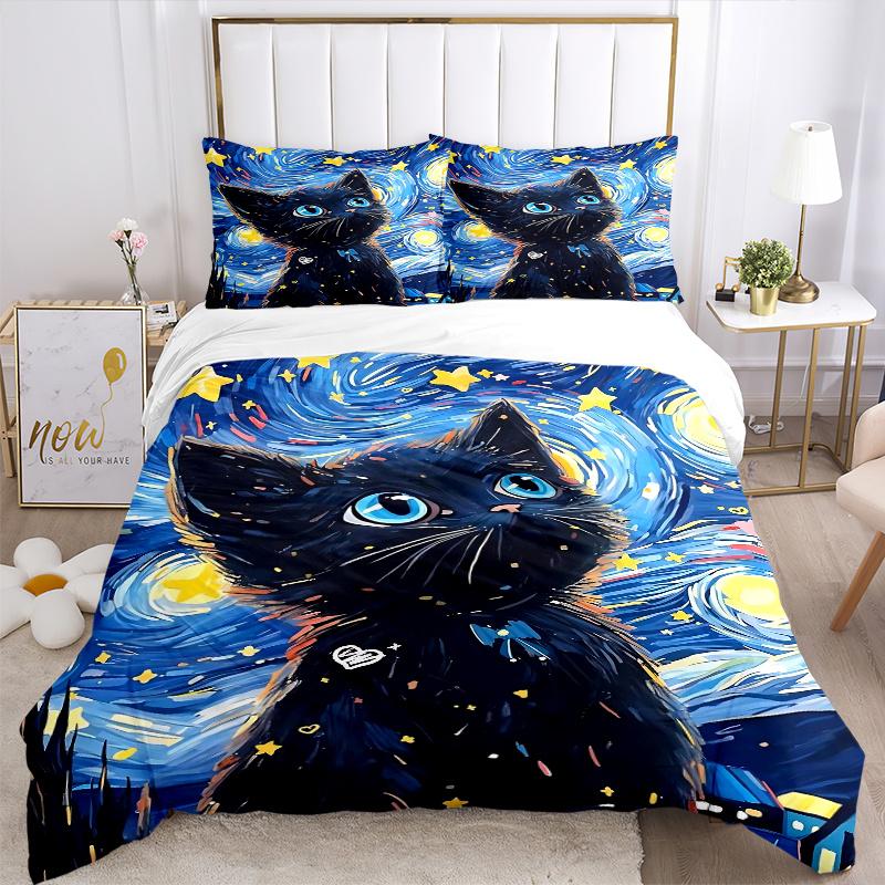 3pcs Starry Night Kitten Printed Quilt Set - Soft and Comfortable Quilt Cover for Bedroom, Guest Room and Dormitory Decorative Bedding Set 1