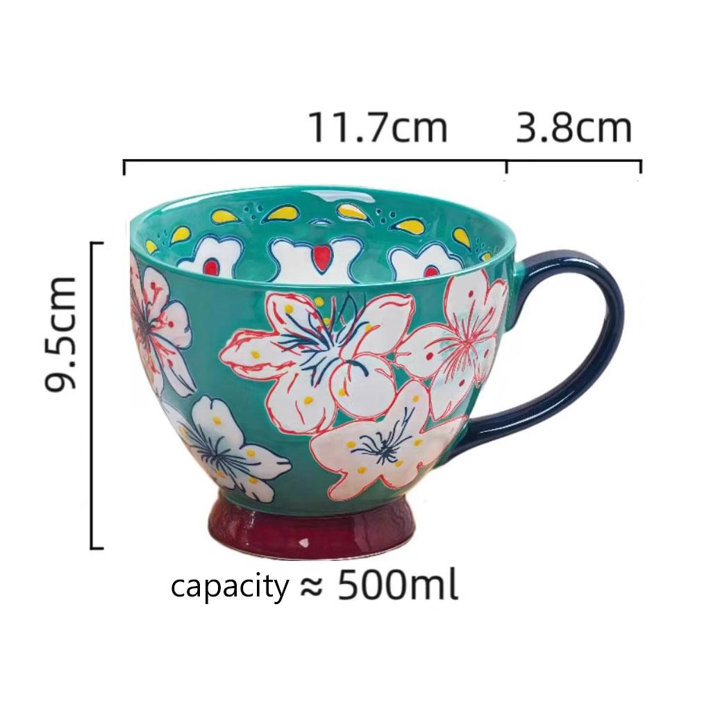 500ml Hand-Painted Ceramic Breakfast Mug – Colorful Glaze Flora lLarge Cup with Wide Mouth – Microwave & Dishwasher Safe