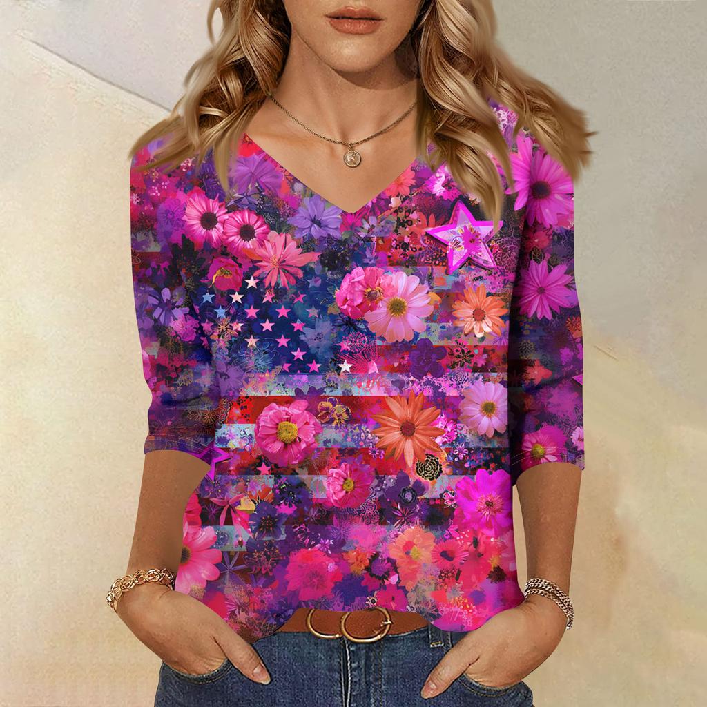 Módní vintage top s 3/4 rukávem pro ženy, dámská ležérní halenka s tříčtvrtečním rukávem a výstřihem do V s potiskem