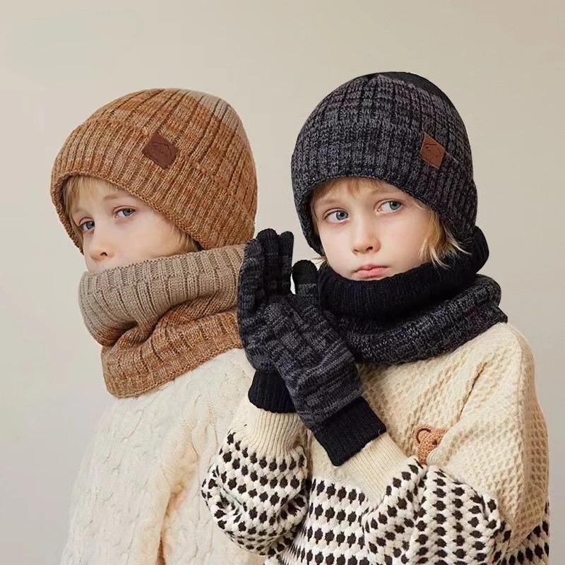 Children Winter Hat Scarf Gloves Set Knitted Kids Beanie Scarves Non Slip Telefingers Gloves Child Cap for Girls Boys