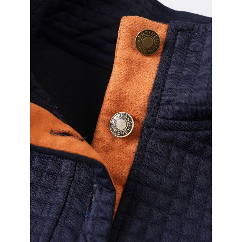 Mens Stand Collar Buttoned Waffle Grid Long Sleeve Casual Sweatshirt