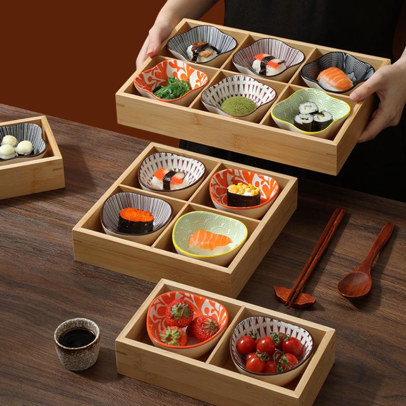 Japanese 6-grid Bamboo Dessert Dish, Colorful Ceramic Plate, Snack Tray, Hot Pot Side Dish, Wooden Grid Plate, Tableware Platter
