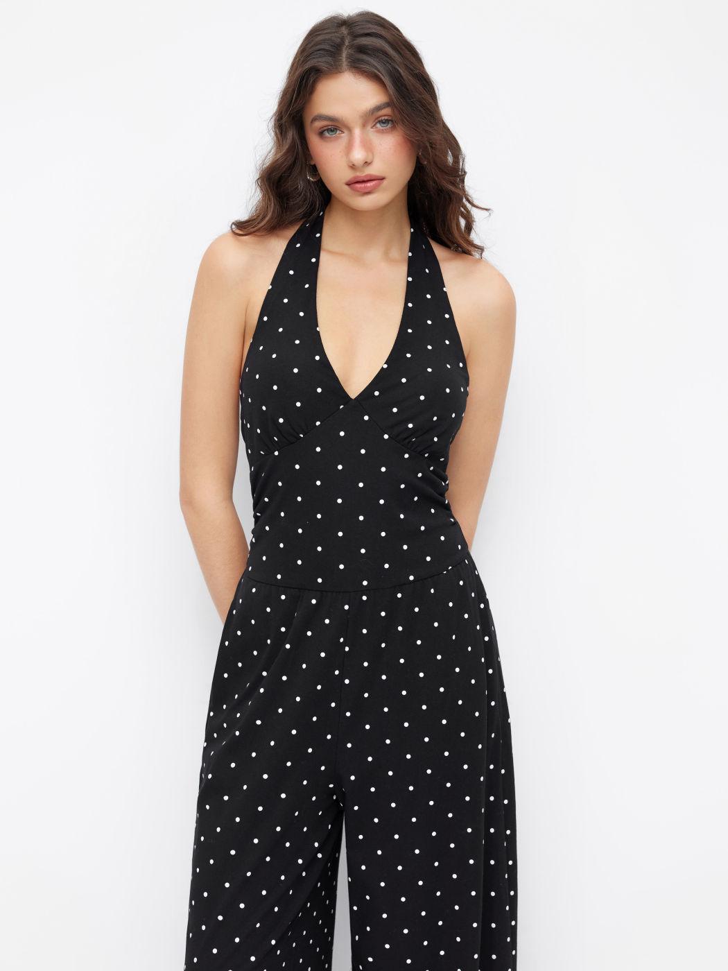 European and American cross-border foreign trade jumpsuit women, European and American holiday style neck v-neck sleeveless waist and thin wide-leg S чёрный