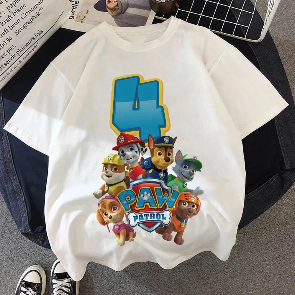 Paw Patrol Birthday Number Tee Shirt Baby Summer Cotton T Shirt Boy Girl Chase Skye Printed Kid Clothes Cartoon Letter Tops Gift