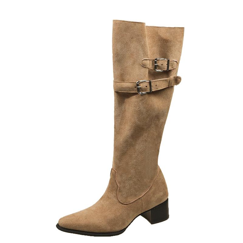 

2025 autumn and winter new pointed knight boots comfortable thick heel high boots fashionable versatile high heel sleeve women s boots 40 хаки