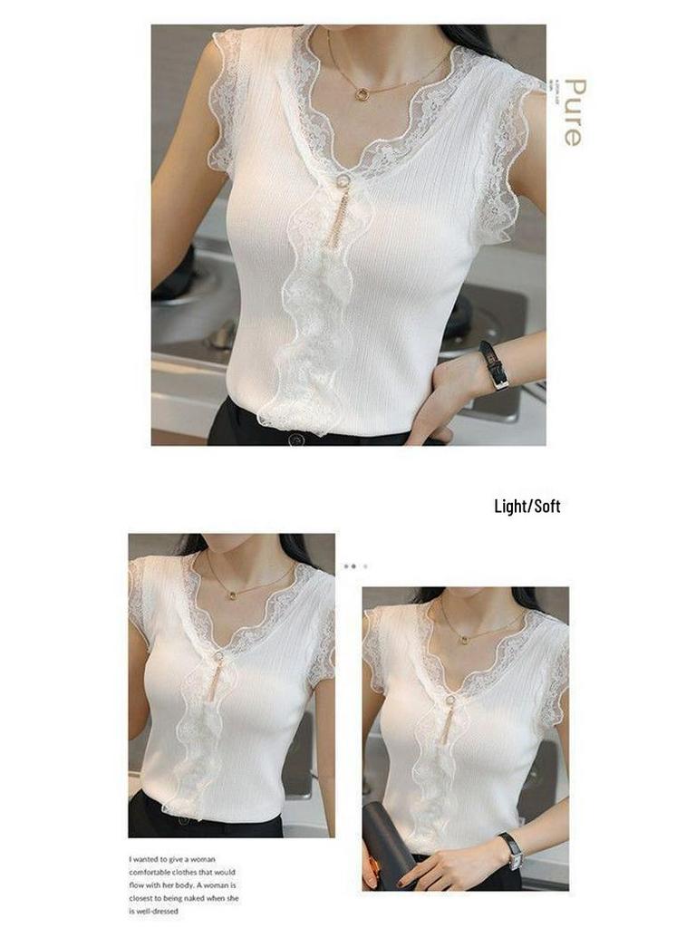 Women's V-Neck Lace Camisole - Trendy Knit Summer Top