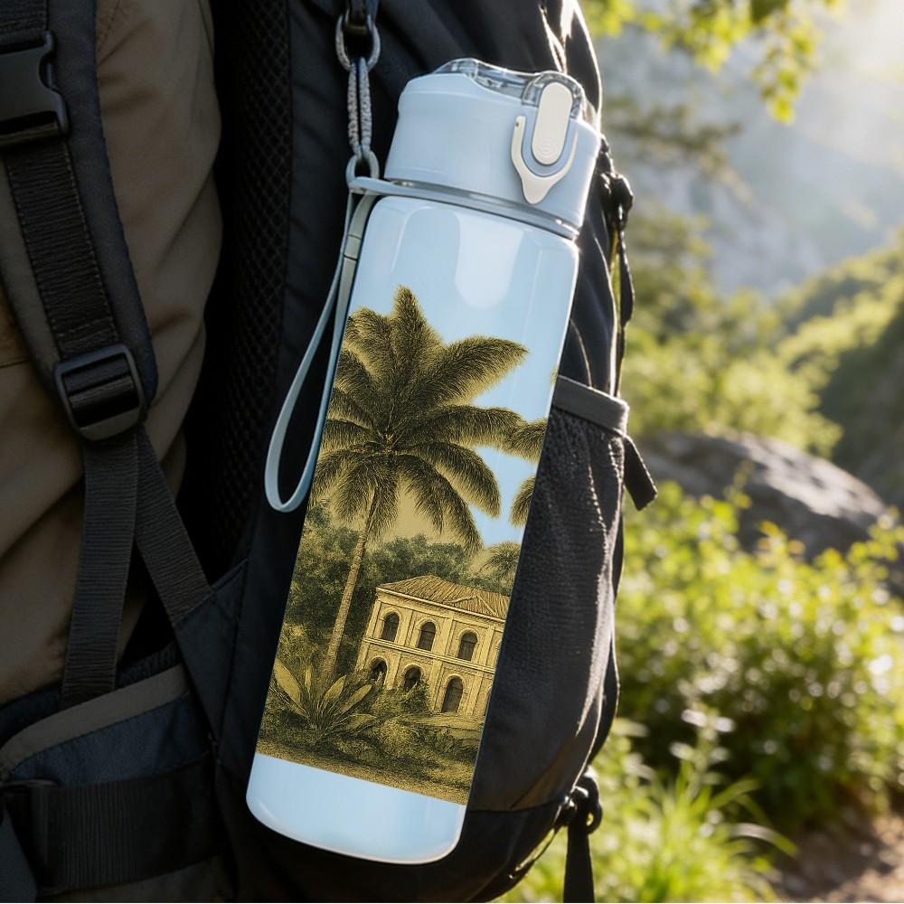 1PC Tropical Palm Tree Island 750ml Color Plastic Sports Water Bottle Leakproof Flip Straw Lid Suitable for Sports Office Home Use