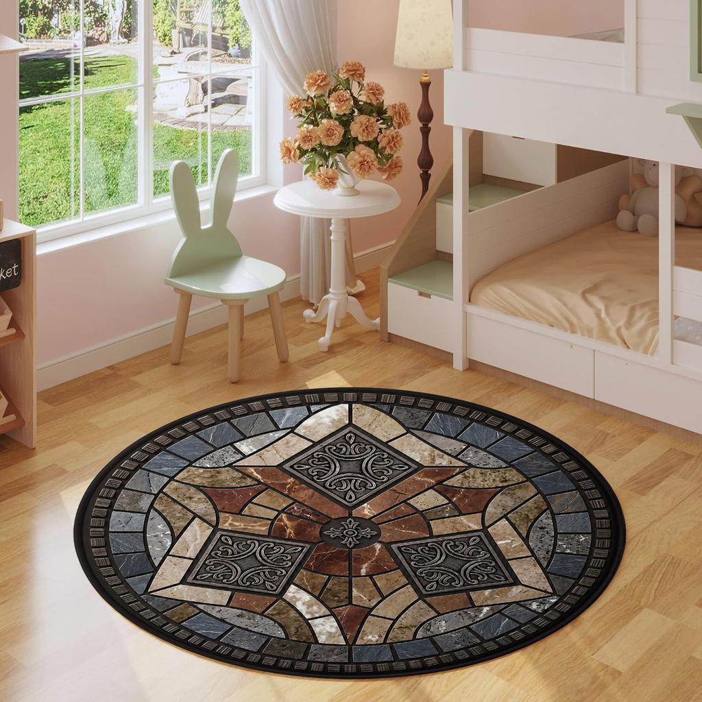 Vintage Mosaic Tile Pattern Round Floor Mat, Classic Geometric & Stained Glass Style for Entryway or Living Room Decor