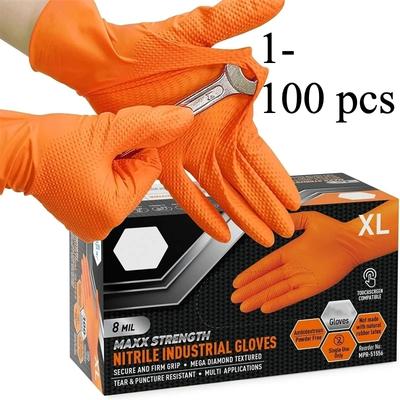 Heavy Duty Orange Nitrile Gloves Industrial Disposable Gloves with Diamond Textured Grip for Mechanic Safety & Work Gloves