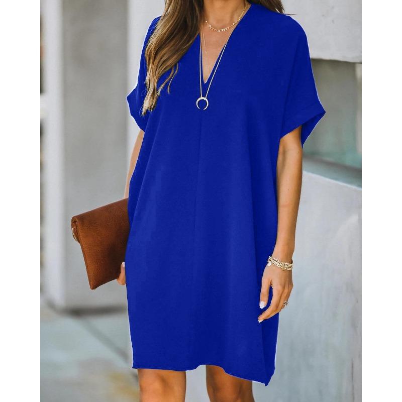 YYFS Women's Fashion Summer Spring Solid Color Print Short Sleeve V-Neck Loose Waistline Casual Dresses