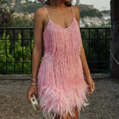 Vestido feminino borla lantejoulas com decote em v sem mangas sem costas decoração de penas solto rumba cha-cha traje de dança mini clube vestido de festa