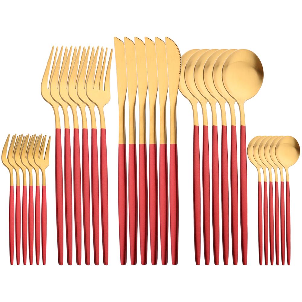 30-piece Black Handle Gold Cutlery Set Matte Finish Dinnerware Set Stainless Steel Knife Fork Spoons Kitchen Utensils Complete