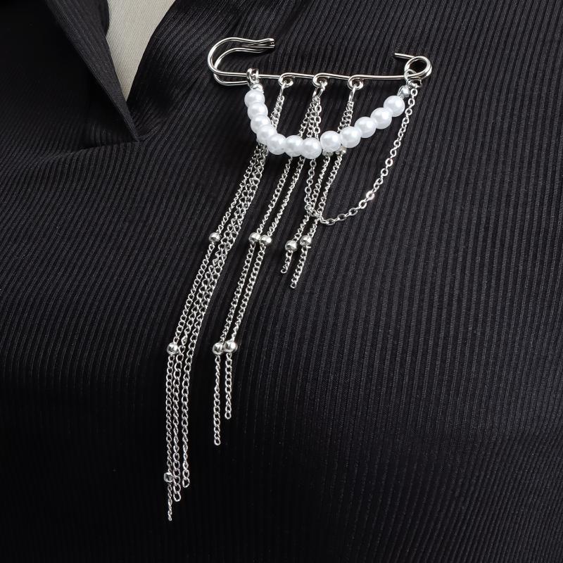 Długa broszka z łańcuszkiem perłowym i frędzlami Damska Ręcznie robiona z koralików Wielowarstwowy łańcuszek Wielofunkcyjny Pin do mocowania Spodnie Odzież Dekoracja