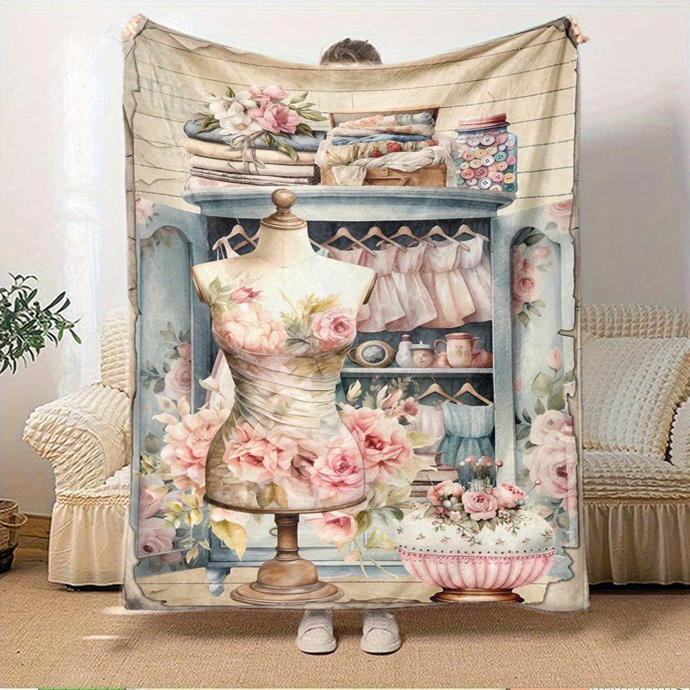

For Mannequin,Floral Dress,Vintage Closet-Themed Flannel Blanket, Glam Style, Digital Print, All-Season Comfort, Tear-Resistant, Knitted Cra 150x180cm