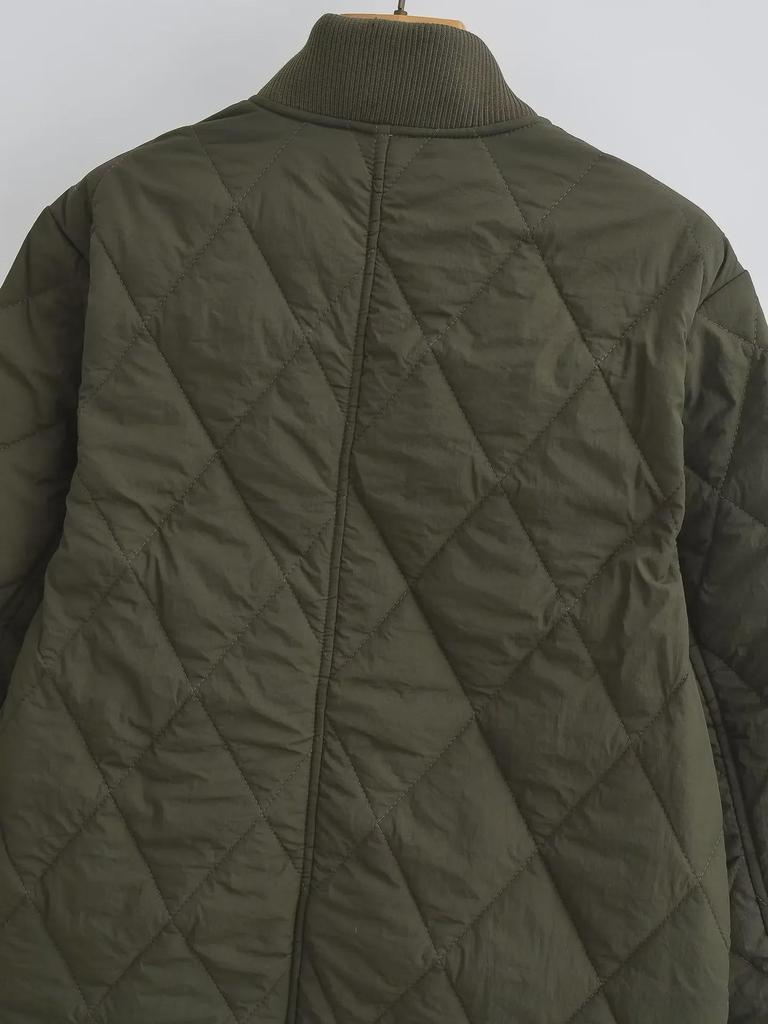 2023 Winter Women's Solid Color Diamond Grid Loose Cotton Jacket with Stand Collar