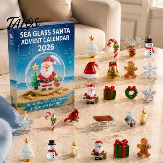Christmas Tree Hanging Decorations Sea Glass Advent Calendar, 24-Day Acrylic 2D Ornament Set Reusable Holiday Ornaments with Santa Gingerbread