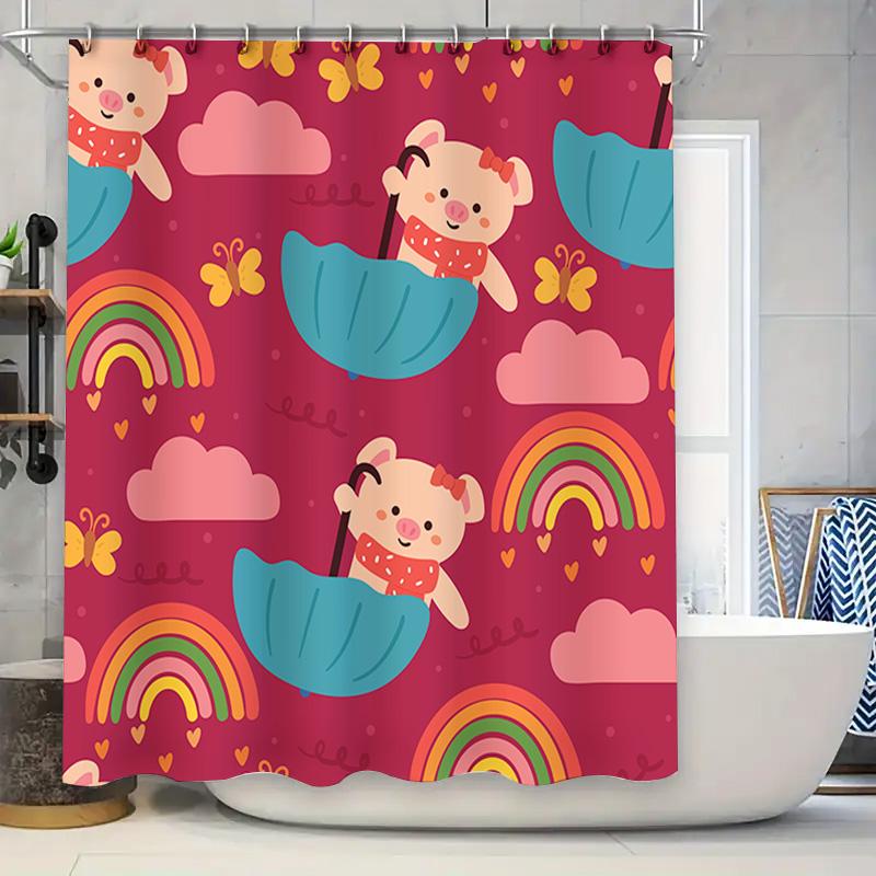 

Bathroom Shower Curtain With Waterproof Printing Design For Children S Bathrooms Decor In Red Rainbow Clouds Butterflies Bears U W60H190(CM)-1 Pcs