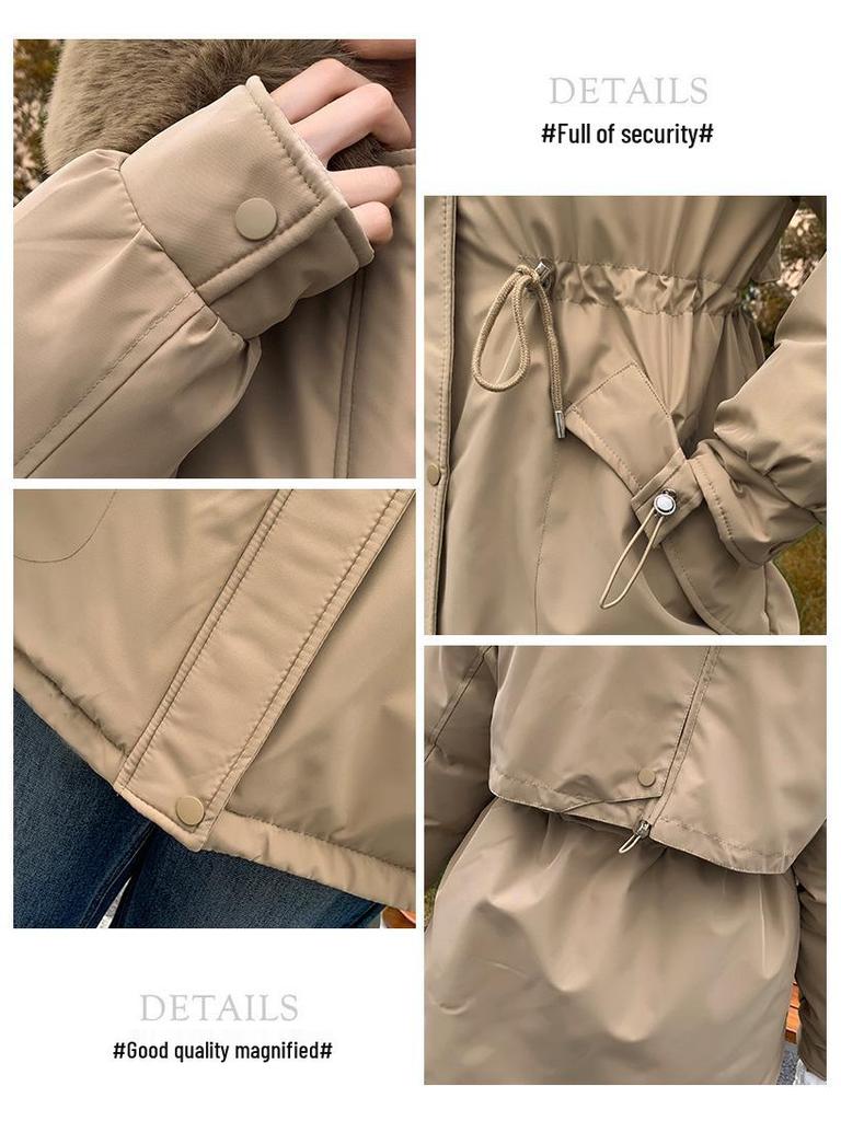 Women's Mid-Length Cotton Jacket with Large Fur Collar, Hooded, Winter 2024 Style, Warm Outerwear.