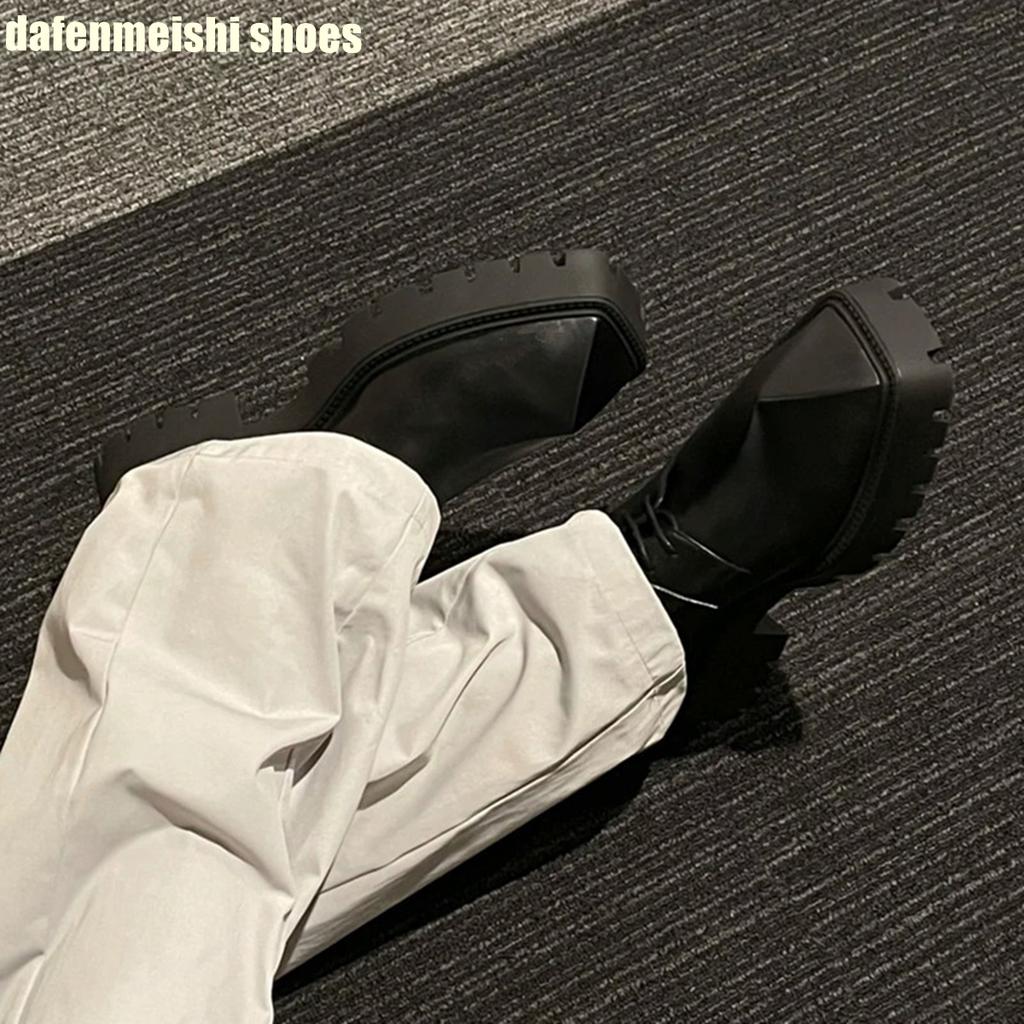 Fashion Rhino Horn Platform Real Leather Shoes for Women Black Lace Up Square Toe Fashion Shoes 2025 New Novelty Derby Shoes