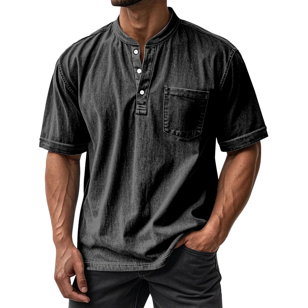 Men's Summer Round Neck Short Sleeve T-Shirt Neck Men's All- Casual Button Shirt