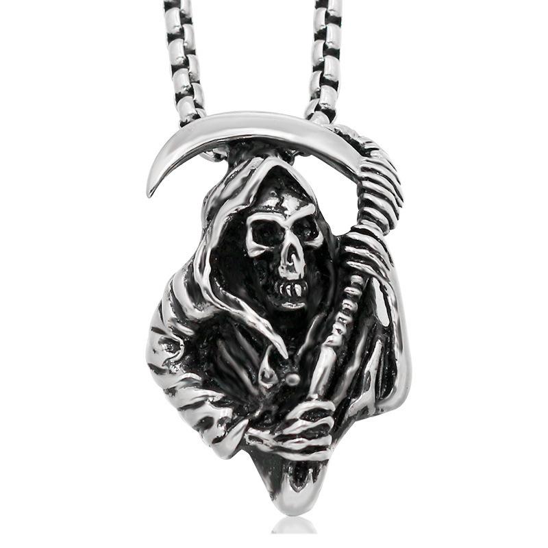 Skeleton Death Reaper Scythe Pendant Necklace, Mighty Titanium Steel Punk Trendy Men's Pendant