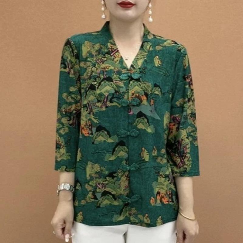 

Осенние топы в китайском стиле из ледяного шелка, ретро, с рукавом три четверти, модные принтованные топы для пожилых и среднего возраста XL зелёный
