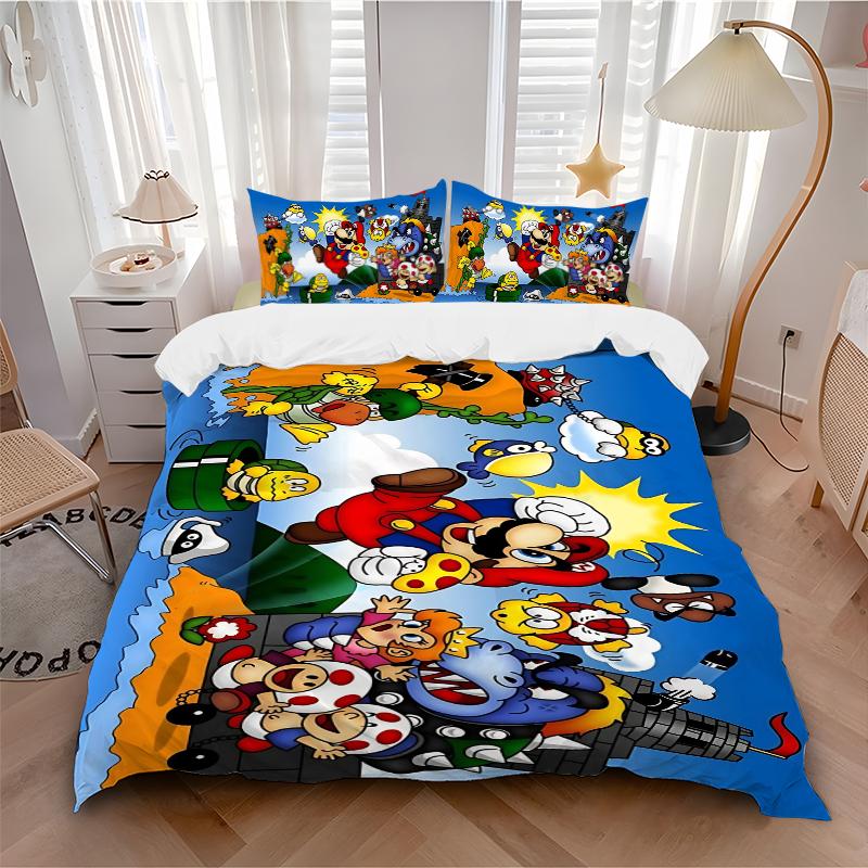Super Mario Adventure Printed 3pcs Bedding Set Soft Microfiber 1 Duvet Cover And 2 Pillowcases Home Bedroom Decor Xmas Gift K1780