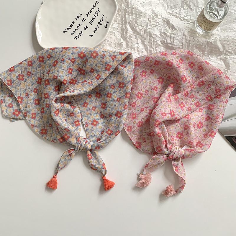 Women's silk scarf square scarf high-end neck protection scarf small fresh decorative floral headscarf hair band fringed hair accessories