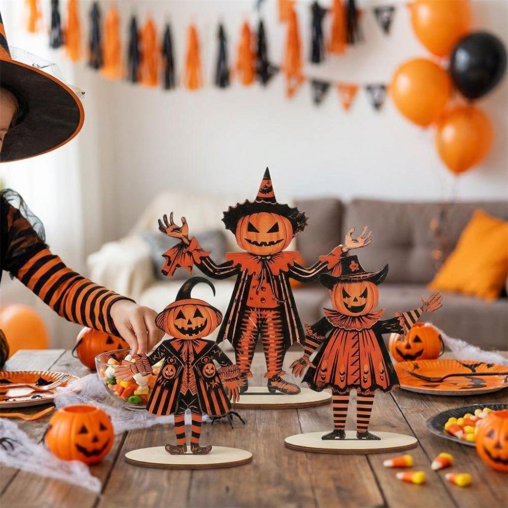 3Pcs Wooden Halloween Pumpkin Ornament 2D Flat Pumpkin Scarecrow Party Sign  Farmhouse Setting