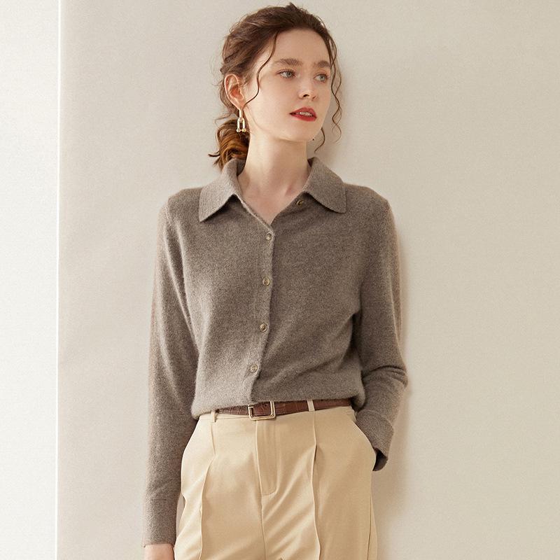 Women's Elegant Cashmere Knit Polo Cardigan - Slimming Autumn/Winter Base Layer