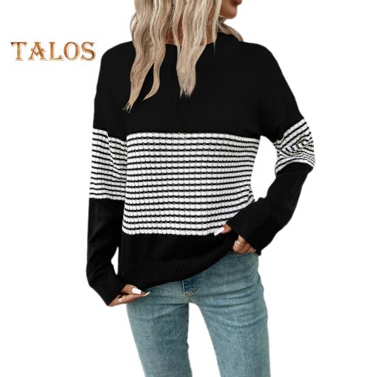 Женский свитер с круглым вырезом и длинным рукавом контрастный цвет вязаные топы свободный крой эластичный повседневный трикотаж повседневная одежда S чёрный 2294₽