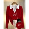 Red lapel long-sleeved top with white bow print design, simple, fashionable and versatile