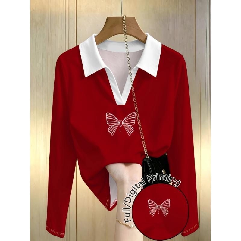 Red lapel long-sleeved top with white bow print design, simple, fashionable and versatile