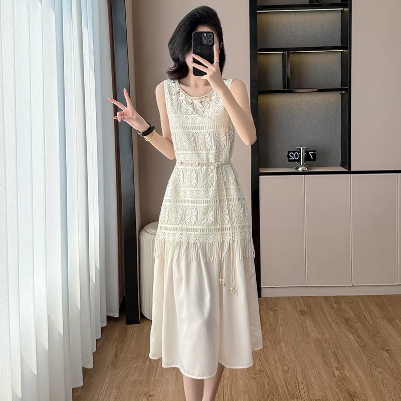 French splicing sleeveless vest dress women's summer high-end temperament seaside vacation waist long dress