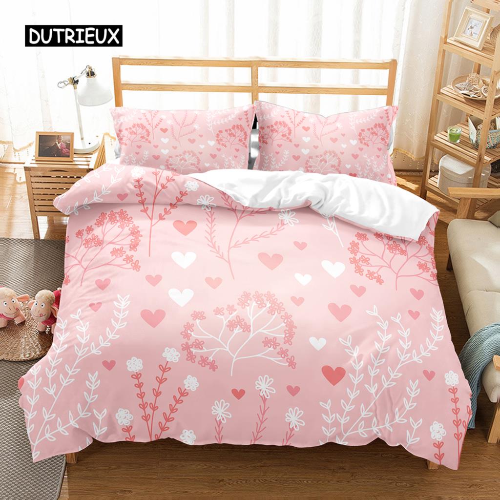 Love Heart Duvet Cover Set Single King Romantic Theme Bedding Set Rose Floral Comforter Cover For Valentine's Day Wedding Decor